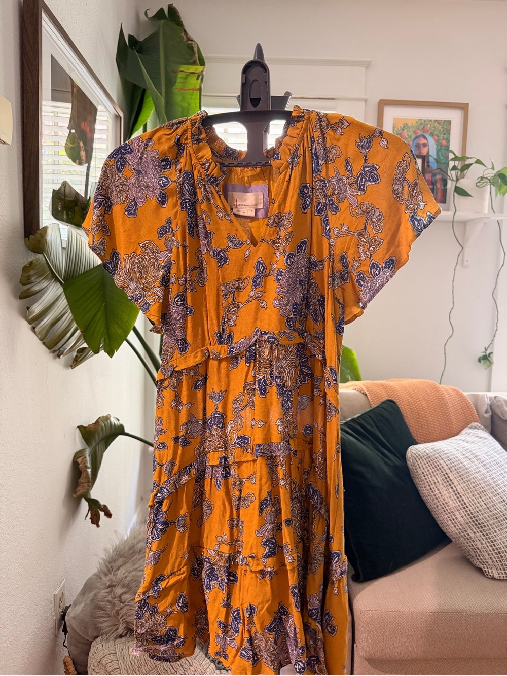 Anthropologie Mustard Yellow Floral Tiered Midi Dress